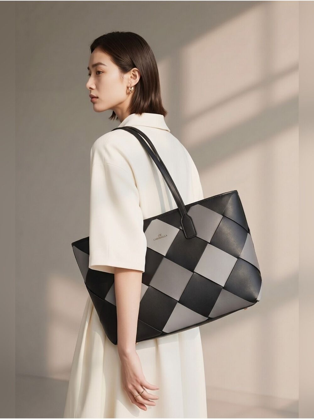 ChrisBella Woven Faux Leather Tote Bag in Black and Gray Shades - Picture 1 of 14